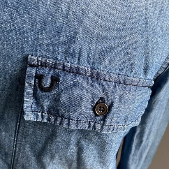 TRUE RELIGION Linen Blend Chambray Utility Shirt Womens Sz Medium Button Down - Picture 4 of 8